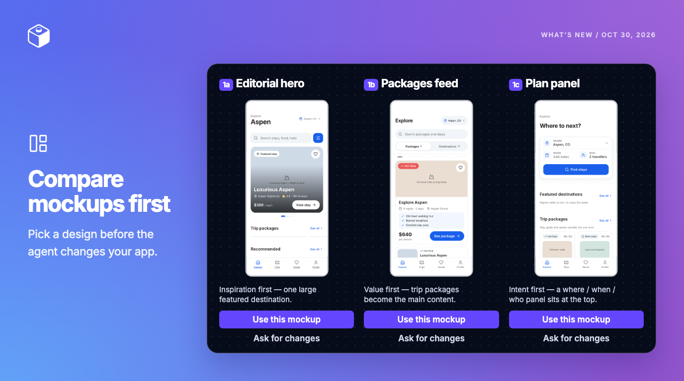 The Mockups view with three Explore screen options side by side, each with Use this mockup and Ask for changes