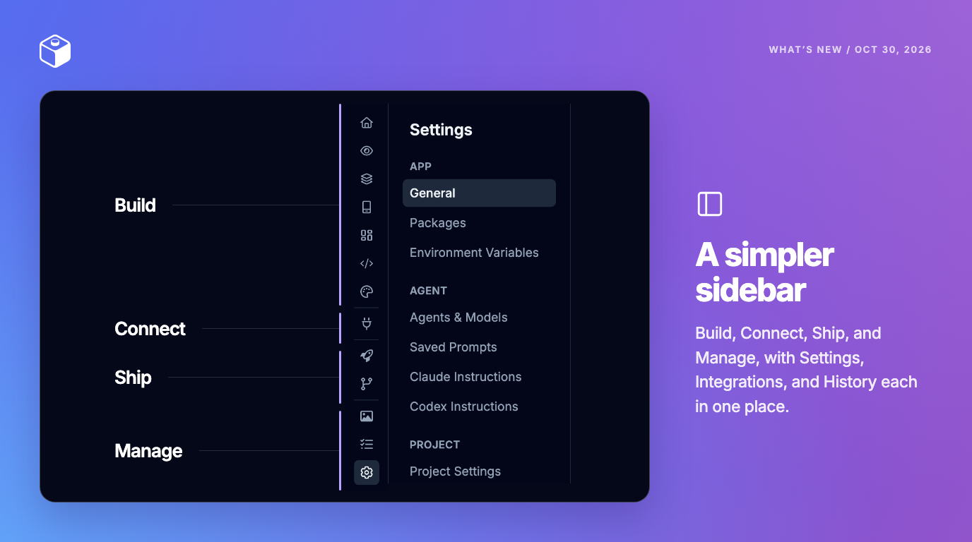 The builder's left sidebar with its Build, Connect, Ship, and Manage groups labeled, next to the Settings menu