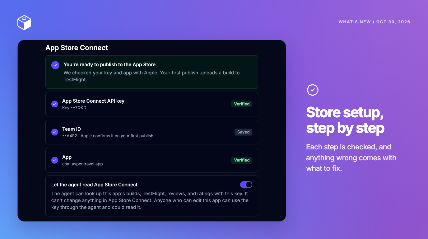 The App Store Connect setup showing You're ready to publish to the App Store, with each step checked and Let the agent read App Store Connect turned on