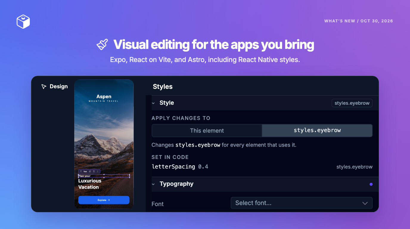 The Draftbit builder in Design mode, with Plan your selected on the phone and the Styles tab set to apply changes to styles.eyebrow