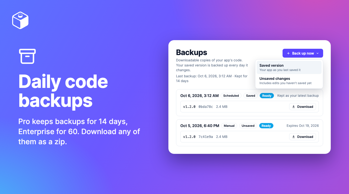 Backups page with the Back up now menu open, showing Saved version and Unsaved changes