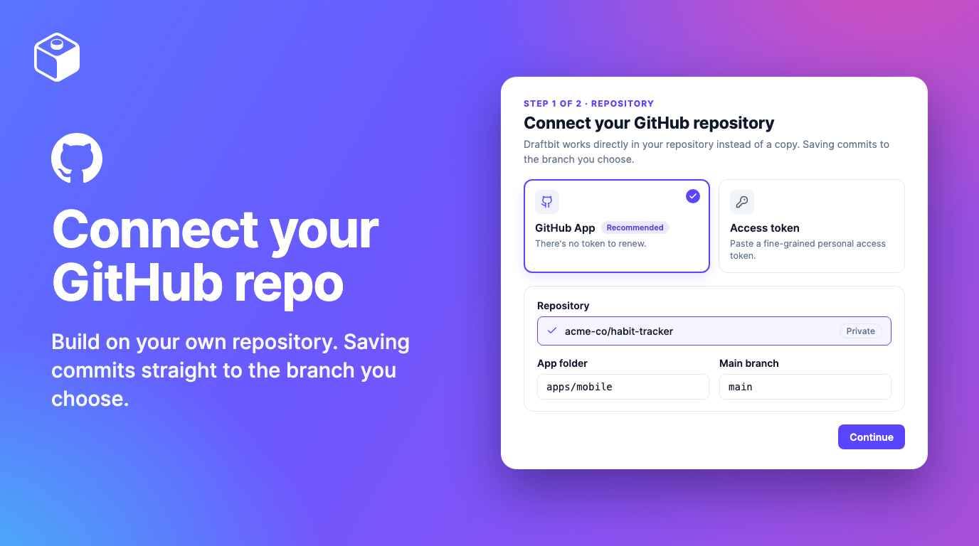 Connect your GitHub repository, with the GitHub App option selected and the app folder and main branch fields