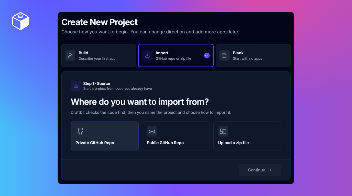 Import an existing project from GitHub or a zip file
