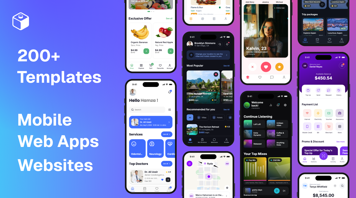 200+ templates for mobile apps, web apps, and websites