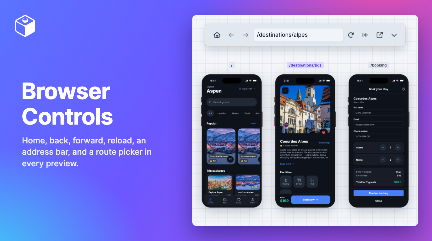 Preview browser controls above three screens of a travel app template