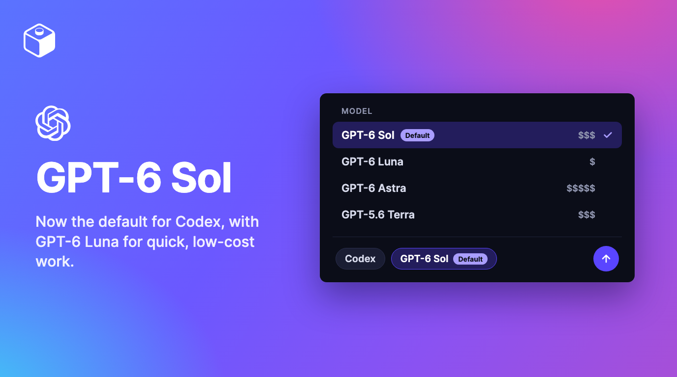 Codex composer with GPT-6 Sol selected as the default and GPT-6 Luna in the model list